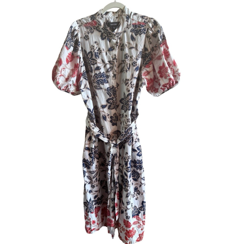 Karen Kane Batik Print Cotton Midi Shirt Dress Size XL Puff Sleeves Tie Waist